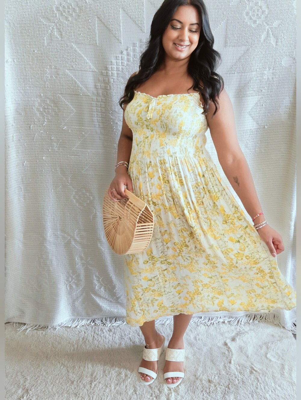 Kimchi Blue Yellow Floral Smocked Midi Dress Urban Outfitters Cottagecore Large